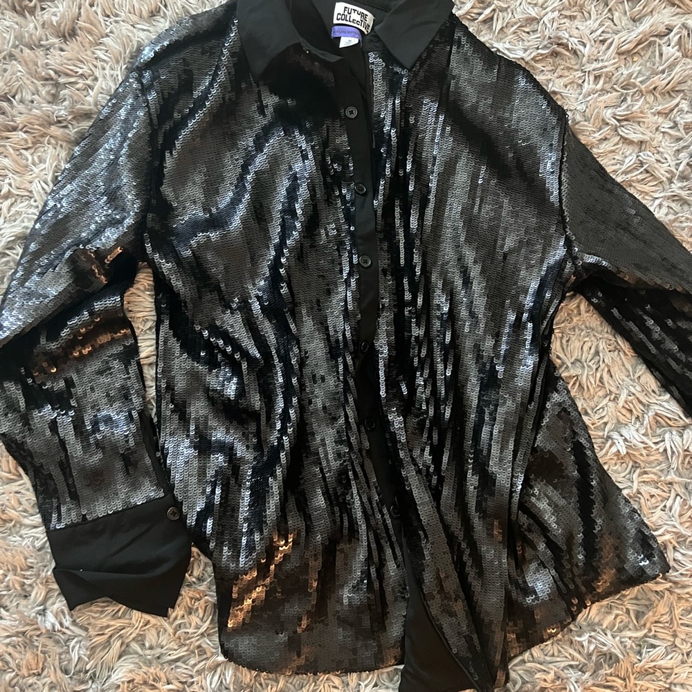 Future Collective Kahlana Barfield Black Sequin Button-Up Shirt medium worn once